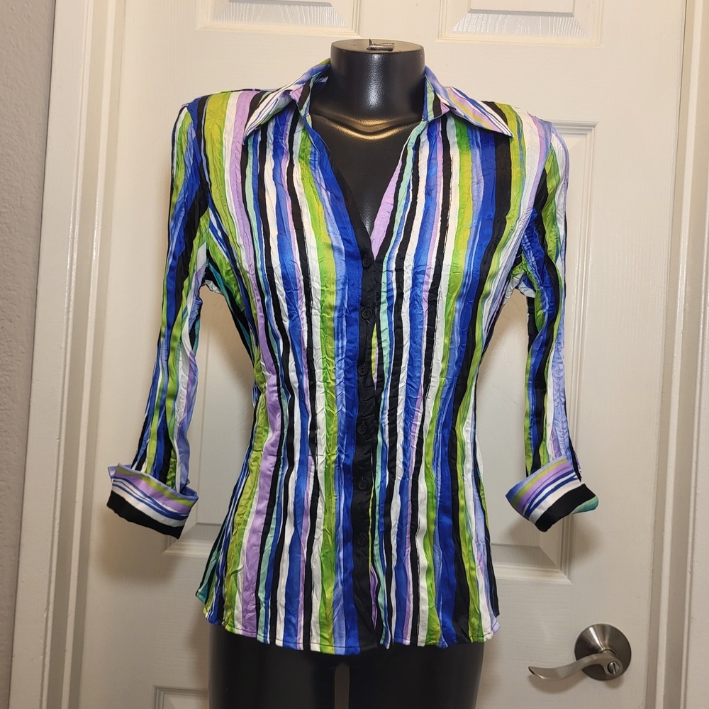 Vintage Sunny Leigh Petite M Top Blouse Colorful Vertical Striped